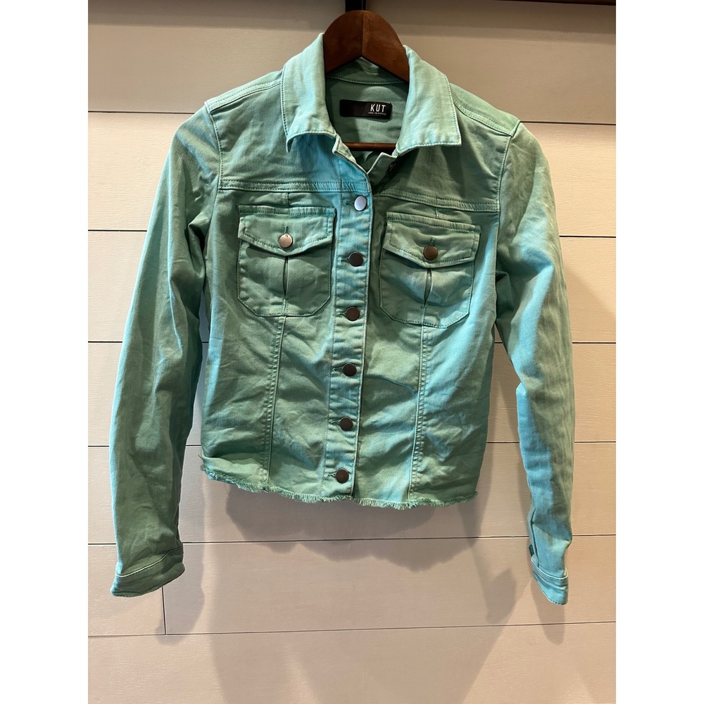 KUT from the Kloth Light Teal Denim Jacket Raw Hem Trucker Small